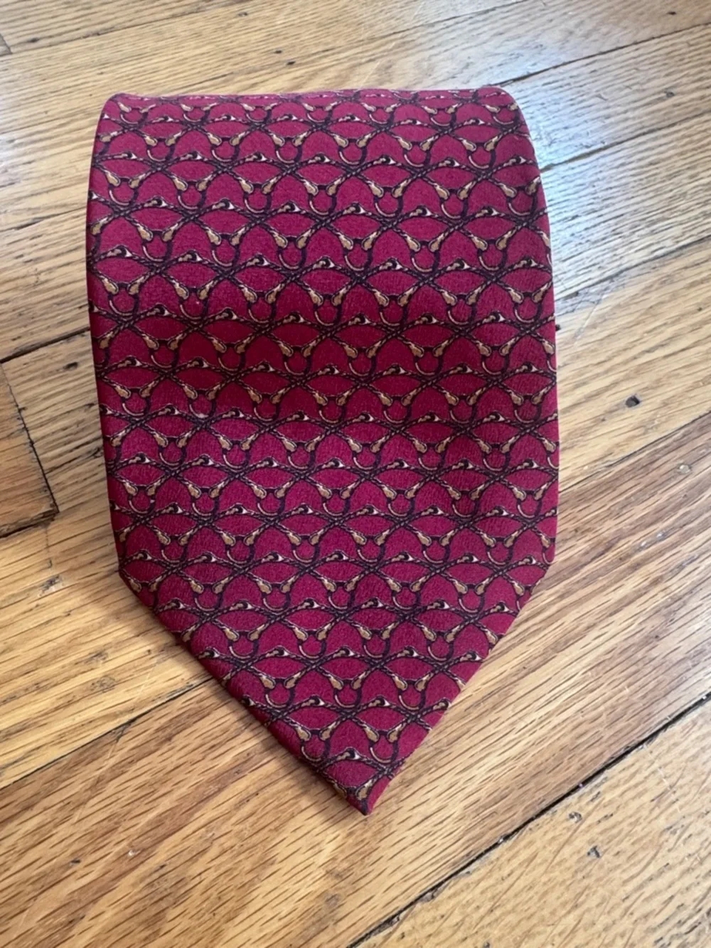 Bally Burgundy Silk Tie with Gold and Black Motif